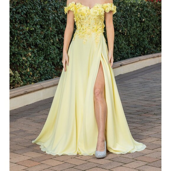 New Off Shoulder Long A-Line Floral Dress w/ Leg Slit & Lace Up Back DQ 4268 - Picture 9 of 9